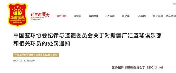 标题：中国篮协：新疆广汇被核减CBA经费5万元，多球员被停赛